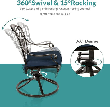 MEETWARM 9-Piece Outdoor Patio Dining Set, All-Weather Cast Aluminum Patio Conversation Set with 2 Swivel Rocker Chairs, 6 Stationary, 1 Oval Table, 8 Cushions, 2" Umbrella Hole, Navy Blue