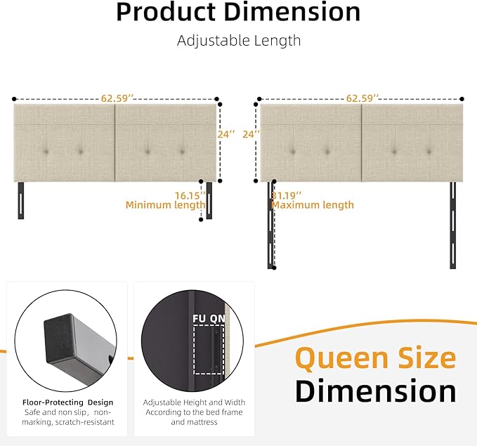 Queen Headboard Only with Adjustable Metal Legs, Faux Leather Upholstered Headboard Queen Size, Modern Stylish Headboard with Sunken Dot Design, Sturdy Bed Headboard for Bedroom, Linen