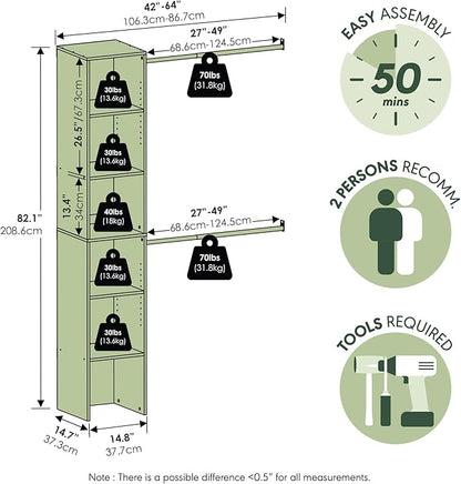 Furinno FANO Closet Organizers and Storage, Closet Storage Organizer with 2 Hanging Bars, Wardrobe Closet Shelf Towers, for Wardrobe, Bedroom, Living Room, White