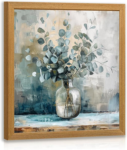 HLXRAE Eucalyptus Leaf Wall Art, Sage Green Botanical Canvas Print, Rustic Farmhouse Bathroom Wall Decor, Soft Blue Floral Aesthetic Picture for Bedroom living Room Wood Framed 12x12 inch