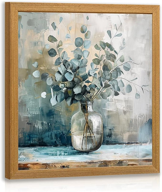 HLXRAE Eucalyptus Leaf Wall Art, Sage Green Botanical Canvas Print, Rustic Farmhouse Bathroom Wall Decor, Soft Blue Floral Aesthetic Picture for Bedroom living Room Wood Framed 12x12 inch