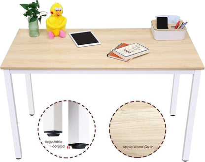 47 inch Large Computer Desk Wood, Modern Simple Style Desk for Home Office, Bedroom, Study Student Writing Desk, Small Spaces, White Metal Frame, Apple Wood Grain Top