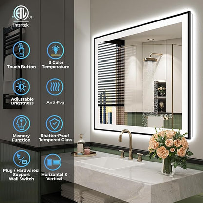24x36 Inch LED Bathroom Mirror with Lights (Front Lit and Backlit) Black Framed Lighted Vanity Mirror for Bathroom Wall Dimmable Anti-Fog Memory Tempered Glass Horizontal/Vertical