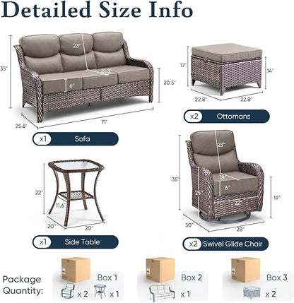 Belord Luxury 6" Thick Cushioned 6 Pieces Patio Furniture Set with Outdoor Couch, Wicker Outdoor Conversation Set with High Back Swivel Rocker Chairs for Deck Porch Yard and Poolside - Brown+Grey