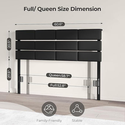 Full/Queen Size Upholstered Velvet Headboard, Adjustable Head Boards with LED Light & Charging Station, Bed Headboard Only, Attach Frame, Study & Comfortable, Ideal for Bedroom, Dorm, Black