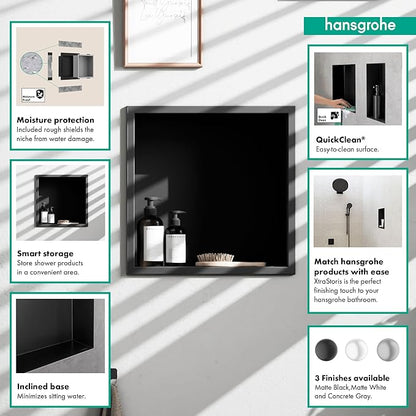 hansgrohe XtraStoris Original Recessed Wall Niche with Integrated Frame 12"x 12"x 4" in Matte Black, 56061670