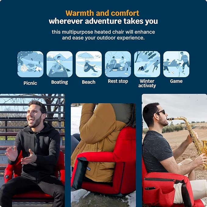 Alpcour Heated Reclining Stadium Seat for Bleachers – Wide Bleacher Chair with Back Support and Cushion, Armrests, Side Pockets, & Hook – Stadium Seats Chairs for Camping, Kayak, Paddle Board & More