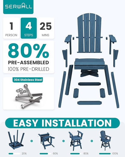 SERWALL Swivel Adirondack Bar Chairs Set of 4, HDPE Outdoor Swivel Barstools Chairs Set of 4 for Bistro, Poolside, Garden, Blue