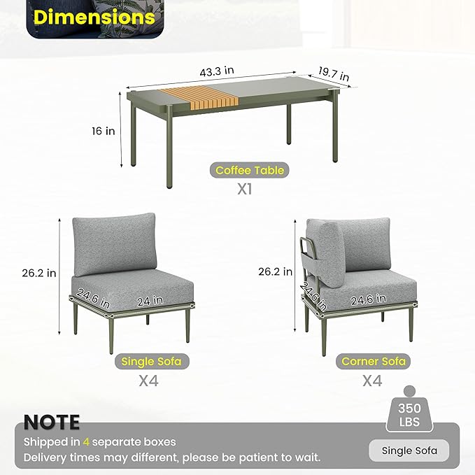 Sundale Outdoor 9 Pieces Patio Furniture Set, U-Shaped Outdoor Sectional Sofa with 6 Inch Olefin Cushion and Coffee Table, Modern Metal Outdoor Conversation Sets (8 Seats,Green Frame)
