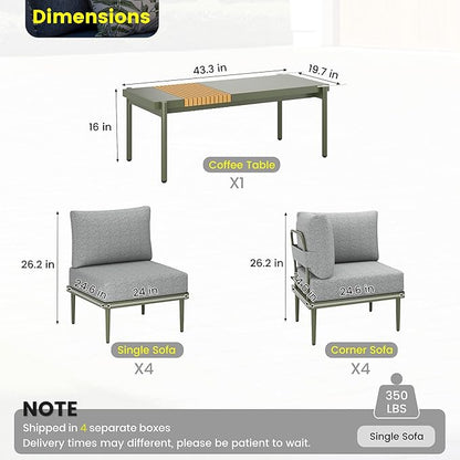 Sundale Outdoor 9 Pieces Patio Furniture Set, U-Shaped Outdoor Sectional Sofa with 6 Inch Olefin Cushion and Coffee Table, Modern Metal Outdoor Conversation Sets (8 Seats,Green Frame)