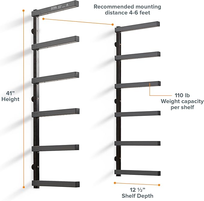 Bora Portamate Wood Organizer and Lumber Storage Metal Rack with 6-Level Wall Mount – Indoor and Outdoor Use, PBR-006B
