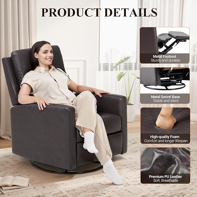 COLAMY Swivel Rocking Recliner,Wide PU Leather Glider Sofa Chair with Ergonomic High Backrest for Living Room,Bedroom（Chocolate Brown ）