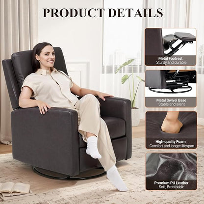 COLAMY Recliner Chair, PU Leather 360° Swivel Rocker Recliner, Nursery Glider Recliner with Ergonomic High Backrest and Upholstered Deep Seat for Living Room, Bedroom, Color Chocolate