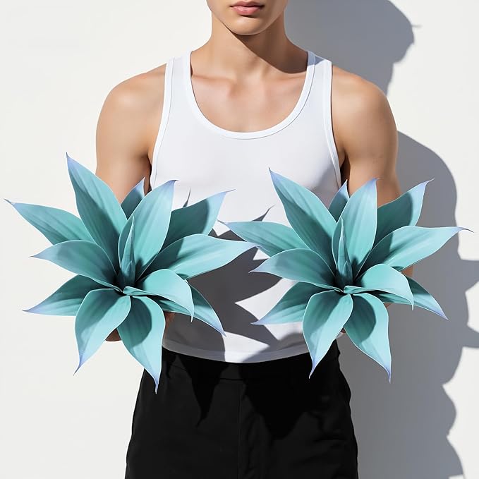 Artificial Agave Plants,Large UV Resistant Fake Agave Planters 12" for Indoor and Outdoor Decorating Tropical Plant Succulents Greenery Indoor Decor (Blue,2Pack)