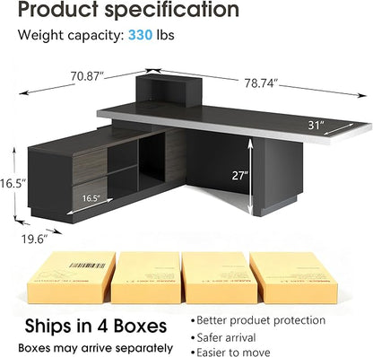 SAINTCY 78" Executive Desk with Drawers - L Shaped Desk with File Cabinet, Black Executive Office Desks with LED Light, Home Office Desk,2.6" Thickened Desktop
