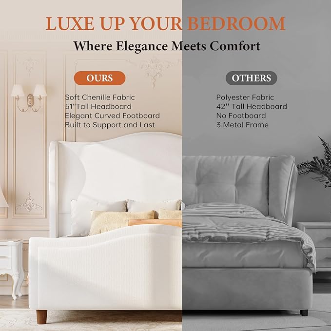 koorlian Queen Size Bed Frame Chenille Upholstered Platform Bed with 51" Tall Headboard and High Deep Tufted Footboard, Modern Retro Minimalist Style Wingback Sleigh Bed, Easy Assembly, Cream