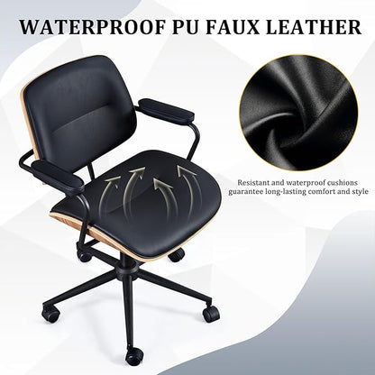 BV Mid Century Modern Office Chair Set of 1, Swivel Rolling Deak Chair with Armrests and Walnut Back, Adjustable Desk Chair for Home Office, Black