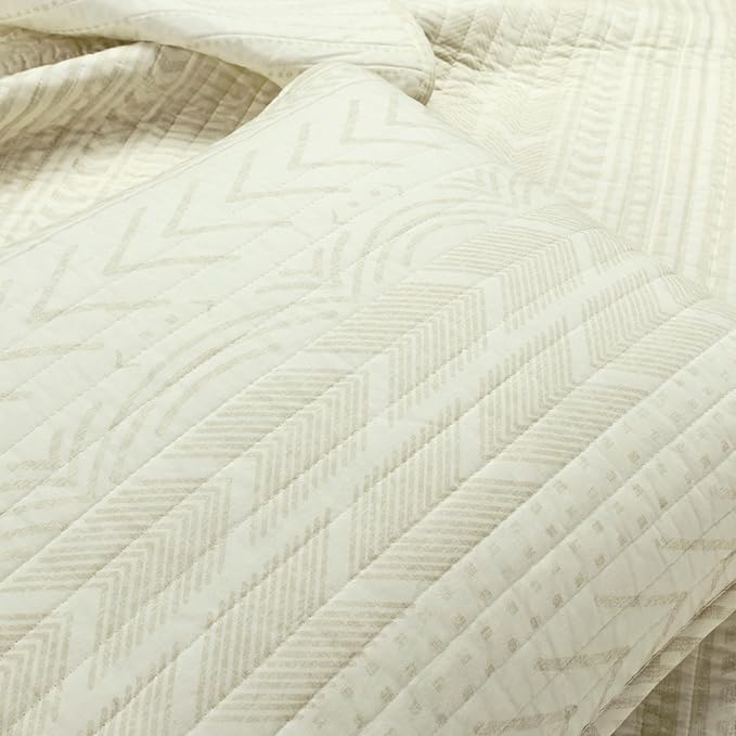 Lush Decor Hygge Geo Pattern Striped 3 Piece Quilt Bedding Set, King, Ivory