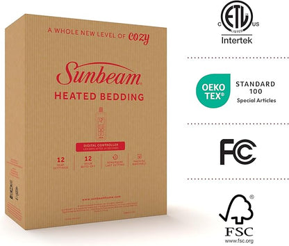 Sunbeam Electric Heated Mattress Pad Restful Quilted Extra-Cozy Fabric 12 Heat Settings 12-Hour Auto Shut-Off Deep Pocket Fit Machine Washable Full 75" x 54"