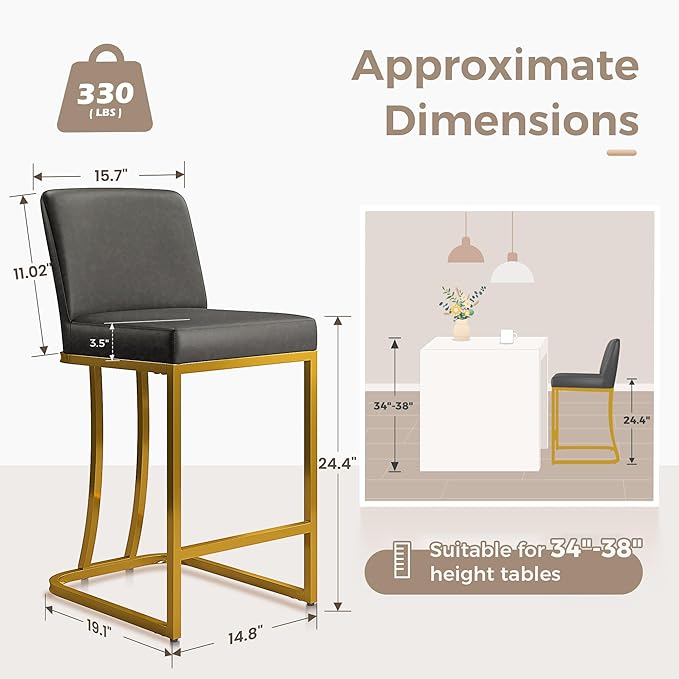 MAISON ARTS Counter Height Bar Stools Set of 3 with Back for Kitchen Counter 24 inch Modern Gold Barstools Upholstered Faux Leather Farmhouse Bar Chairs Island Stools Support 330LBS, Grey+Gold