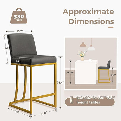 MAISON ARTS Counter Height Bar Stools with Back Set of 6 for Kitchen Counter, 24 Inch Modern Upholstered Faux Leather Barstools Farmhouse Bar Chairs Luxury Island Stools Support 330LBS, Grey & Gold