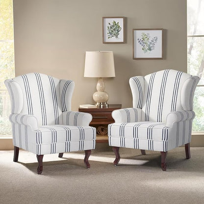 Pia Ricco Set of 2 Stripe High Back Accent Chairs: Upholstered Fabric Armchairs with Solid Wood Legs - Retro Living Room Pair, Comfy Reading Sofa Seats-Navy