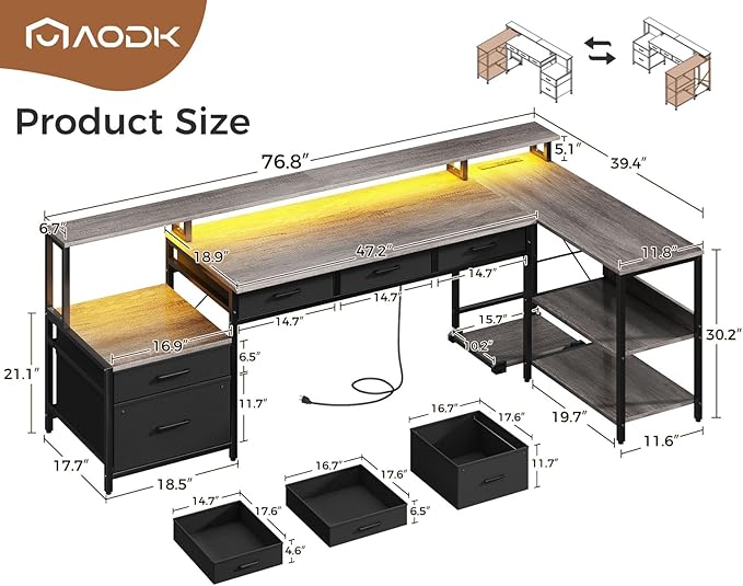 AODK L Shaped Desk with 5 File Drawers, 75" Reversible L Shaped Computer Desk with Power Outlet & LED Strip, Office Desk with Storage Shelves, Gaming Table with Monitor Shelf, Corner Table, Grey Oak