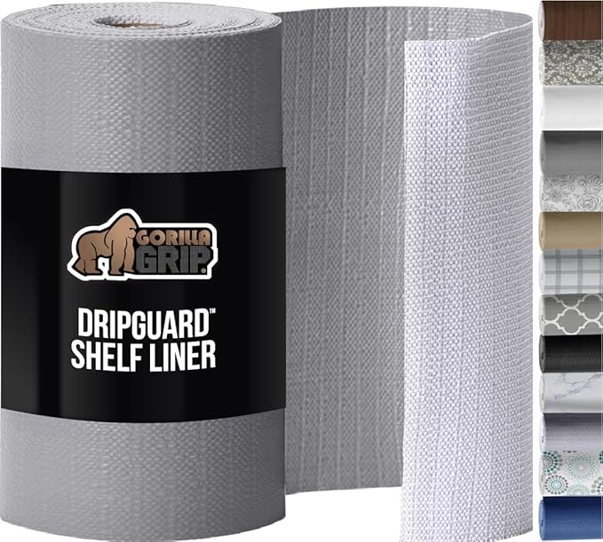 GORILLA GRIP DripGuard Shelf Liner, Non Adhesive Drawer and Kitchen Cabinet Protector, 24x240 Inch, Slip Resistant BPA Free Smooth Surface Plastic Liners for Cabinets, Bathrooms, Closets, Gray