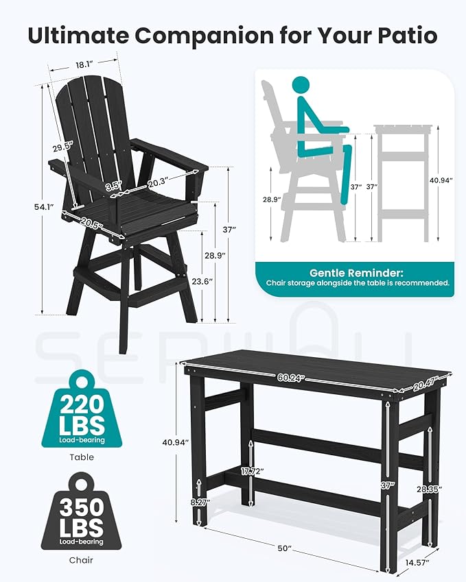 SERWALL 3-Piece Swivel Adirondack Bar Set, HDPE Swivel Bar Height Chairs Set of 2 with Bar Table, All-Weather Outdoor Barstools for Patio, Poolside, Garden, Black