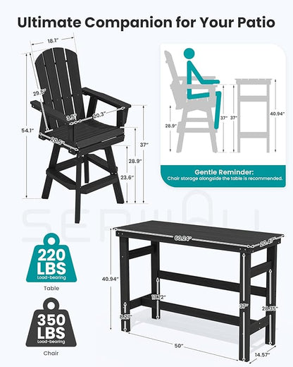 SERWALL 3-Piece Swivel Adirondack Bar Set, HDPE Swivel Bar Height Chairs Set of 2 with Bar Table, All-Weather Outdoor Barstools for Patio, Poolside, Garden, Black