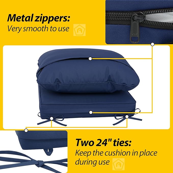 AAAAAcessories Outdoor Deep Seat Cushions, Waterproof, Fade-Resistant Patio Furniture Replacement Cushions, 23.5" x 25.5" x 5" + 23.5" x 19", Navy Blue