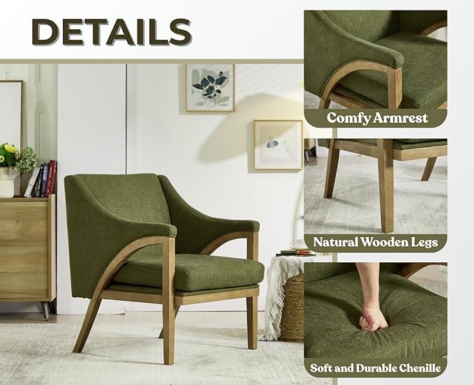 EALSON Modern Accent Chairs Set of 2 Comfy Living Room Chairs with Wooden Frame and Armrest Mid Century Upholstered Fabric Reading Lounge Armchairs for Living Room/Bedroom/Balcony, Chenille Green