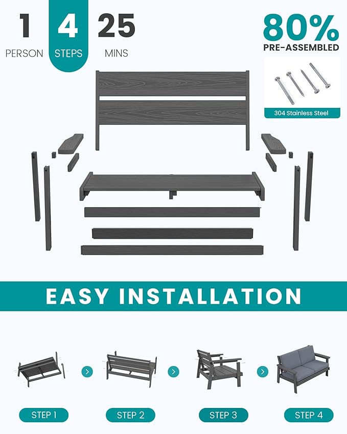 SERWALL HDPE Outdoor Patio Loveseat, Grey Frame and Grey Cushion