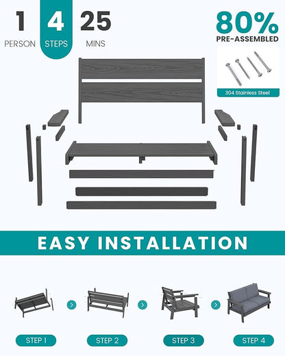 SERWALL HDPE Patio Furniture Set, 5 Piece All Weather Wood-Like Sectional Outdoor Furniture Set, Grey Patio Sofa Couch with Grey Cushions for Deck, Lawn