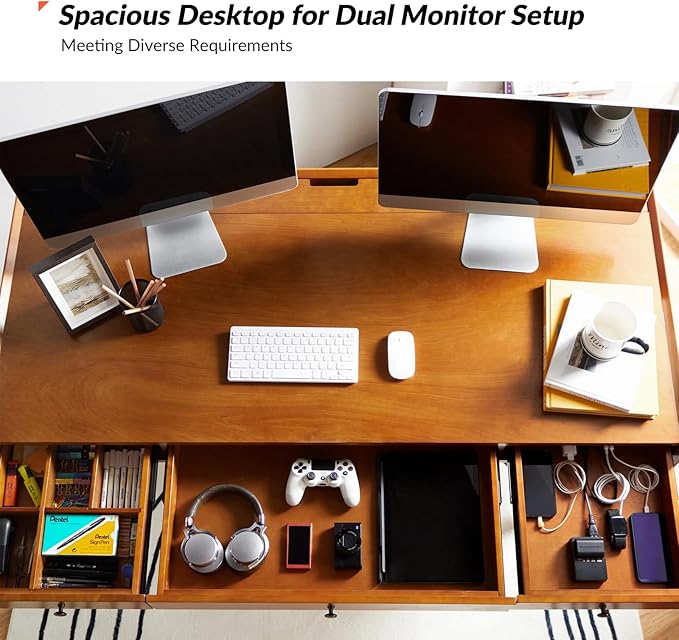 HULALA HOME Home Office Desk with 3 Drawers & Solid Wood Legs, Writing Table with Charging Station & Cable Management, Mid Century Modern Desk for Bedroom/Living Room/Study/Workstation, Acorn