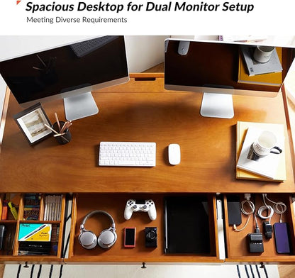 HULALA HOME Home Office Desk with 3 Drawers & Solid Wood Legs, Writing Table with Charging Station & Cable Management, Mid Century Modern Desk for Bedroom/Living Room/Study/Workstation, Acorn