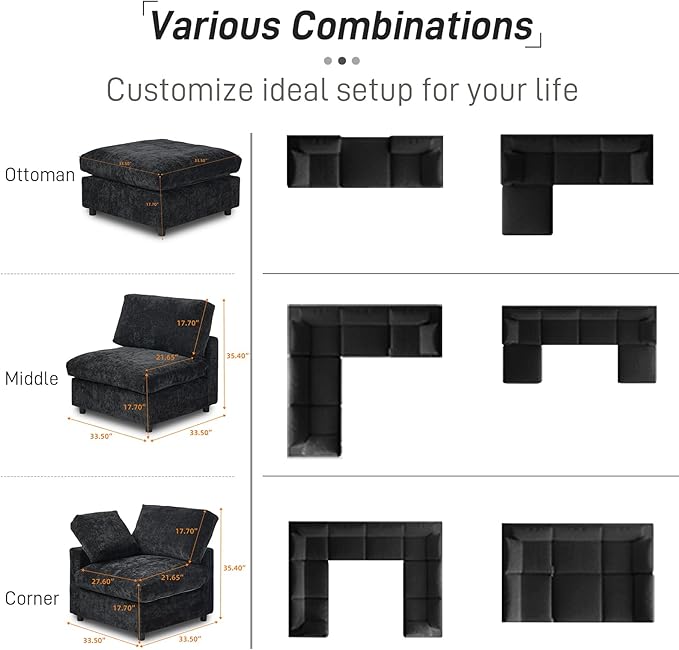 Cloud Couch Modular Sectional Sofa,134" L Shaped Couch, Oversized Convertible Wide Seater,4 Seater with Ottoman for Living Room Set, Covers Washable&Replaceable,Black