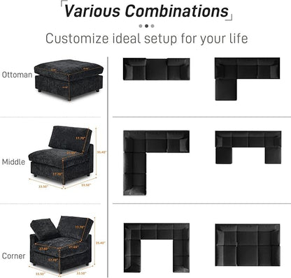 WJShome Cloud Couch Modular Sectional Sofa, 134" U Shaped Couch for Livingroom, Oversized Convertible Wide Seater with 2 Ottomans Living Room Set, Covers Washable&Replaceable,Black