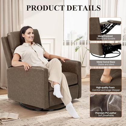 Swivel Rocking Recliner,Wide PU Leather Glider Sofa Chair with Ergonomic High Backrest for Bedroom,Living Room（ Brown）