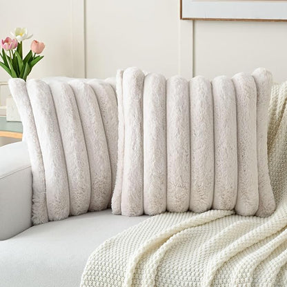 FUTEI Beige Decorative Throw Pillow Covers 16x16 Inch Set of 2, Square Soft Faux Rabbit Fur Thick Striped Cushion Cover,Winter Home Decor for Couch Bed Living Room