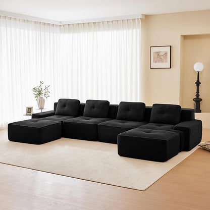 150.4” Black Boneless Couches for Living Room, Modular Sectional Sofa with U-Shape Chaise, 4 Seater Comfy Upholstered Deep Seat Corduroy Fabric Cloud Couch No Assembly, Anti-Slip Design