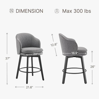Counter Height Barstools 26 inch Upholstered Swivel Bar Stools with Back and Wood Legs for Kitchen Island,Set of 2,Dark Grey Fabric
