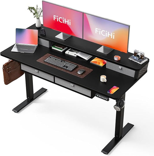 FiCiHi Adjustable Height Standing Desk with 4 Drawers,55 x 24 inches Electric Sit Stand Home Office Desk with Two Tiers, 3 Memory Presets, Monitor Stand Riser