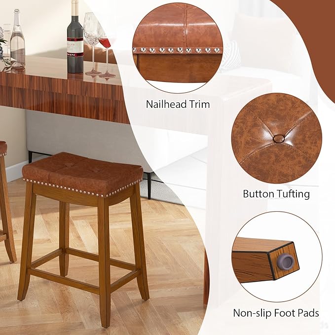 COSTWAY Saddle Bar Stools Set of 4, 25-Inch Counter Height Barstools w/PU Leather Seat, Solid Rubber Wood Frame, Footrest, Mid-Century Backless Counter Stools for Kitchen Island Home Bar