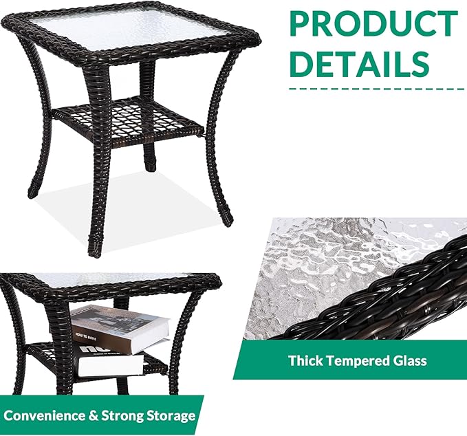 VIVIJASON 3-Piece Outdoor Conversation Bistro Set, Patio Swivel Glider Rocking Chairs Rattan Furniture Sets w/ 2 Rattan Chairs, Cushions, Glass Top Side Table for Porch Backyard, Dark Brown