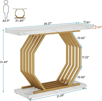 Tribesigns Gold Console Table, Faux Marble Entryway Table Narrow Sofa with Geometric Metal Base, 40 Inch Modern Accent Entrance for Living Room, Hallway, Foyer, White and Gold