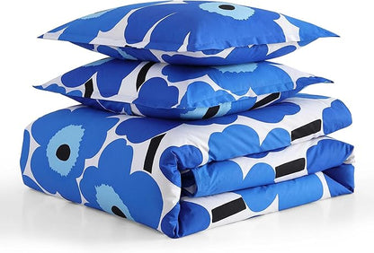 Marimekko - Full/Queen Duvet Cover Set, Cotton Percale Reversible Bedding with Matching Shams, Floral Home Decor (Unikko Blue, Full/Queen)
