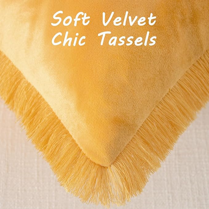 FUTEI Orange Velvet Decorative Throw Pillow Covers 24x24 Set of 2,Soft Cozy Edge with Tassels European Cushion Case,Boho Modern Home Decor for Couch Bed Living Room