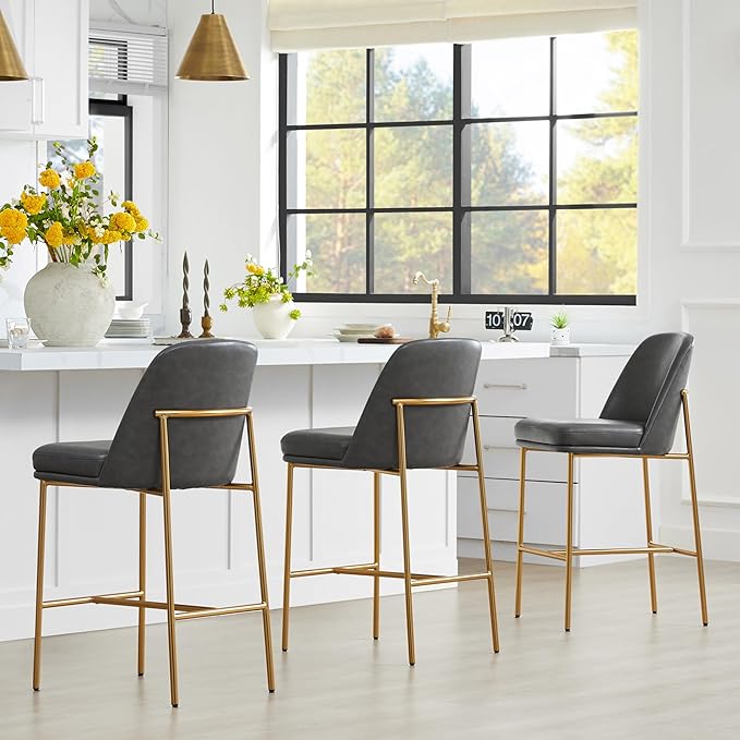 CHITA Counter Height Bar Stools Set of 2, FSC Certified Metal Barstools for Kitchen Island, 27" H Seat Height, Faux Leather, Grey
