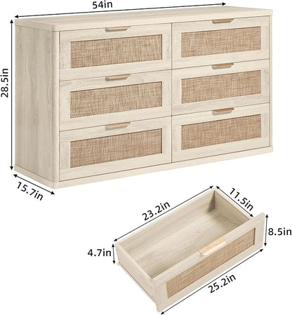 LEYAOYAO Rattan 6 Drawer Dresser for Bedroom, Boho 54" Wide White Dresser Chest of Drawers, Dressers TV Stand with Metal Handle, Storage Dressers Closet Organizer for Living Room, Hallway